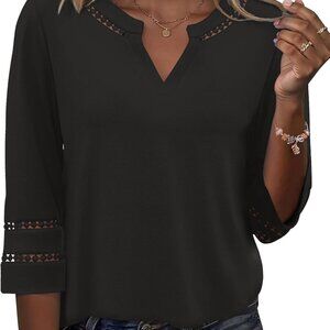 3/4 Length Sleeve Womens Tops V Neck Lace Embroidered Summer Blouses Loose Fit T
